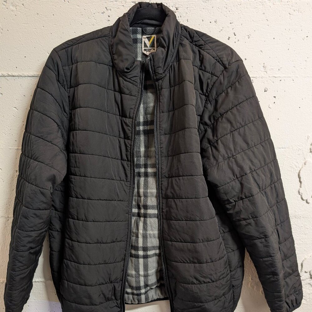 Voyager Men’s Black Quilted Gray Plaid Fleece Lined Puffer Jacket Size Large